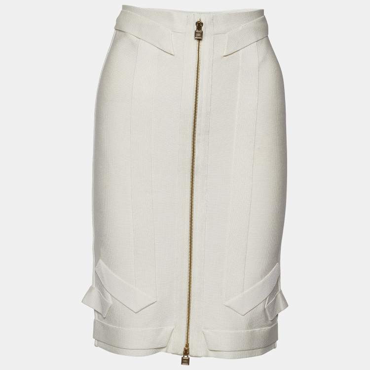 Pre Owned Herve Leger Alabaster Knit Origami Fold Detail Maddison Zip Front Skirt S