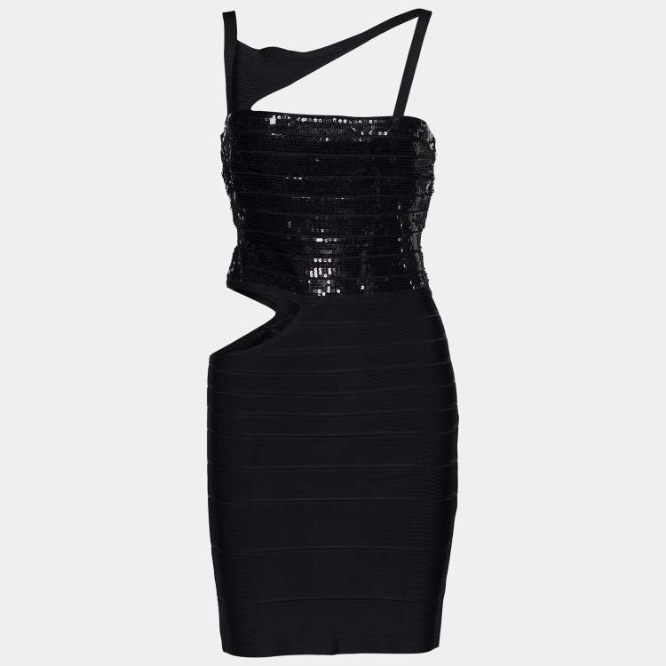 Pre Owned Herve Leger Black Knit Sequined Cut-Out Danna Bandage Dress S