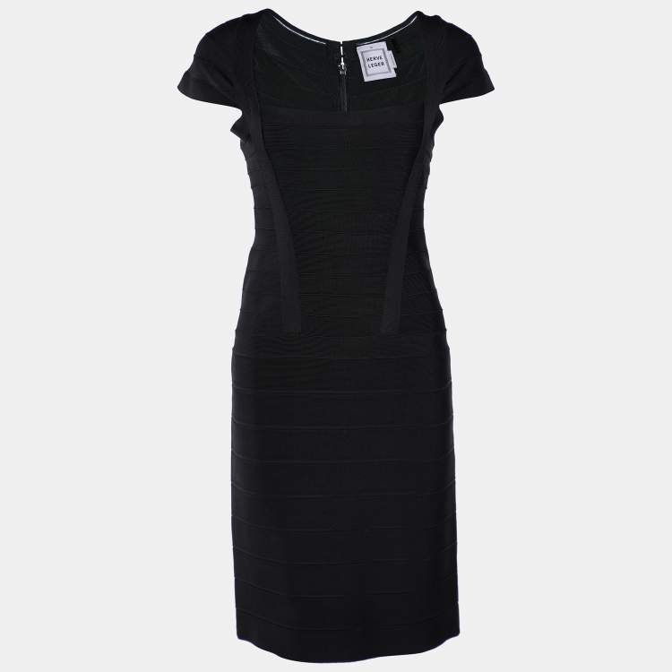 Pre Owned Herve Leger Black Cap Sleeve Bandage Mini Dress M