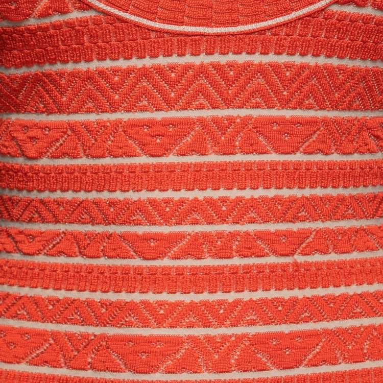 Pre Owned Herve Leger Orange Patterned Stretch Knit Filipa Maxi Dress S 