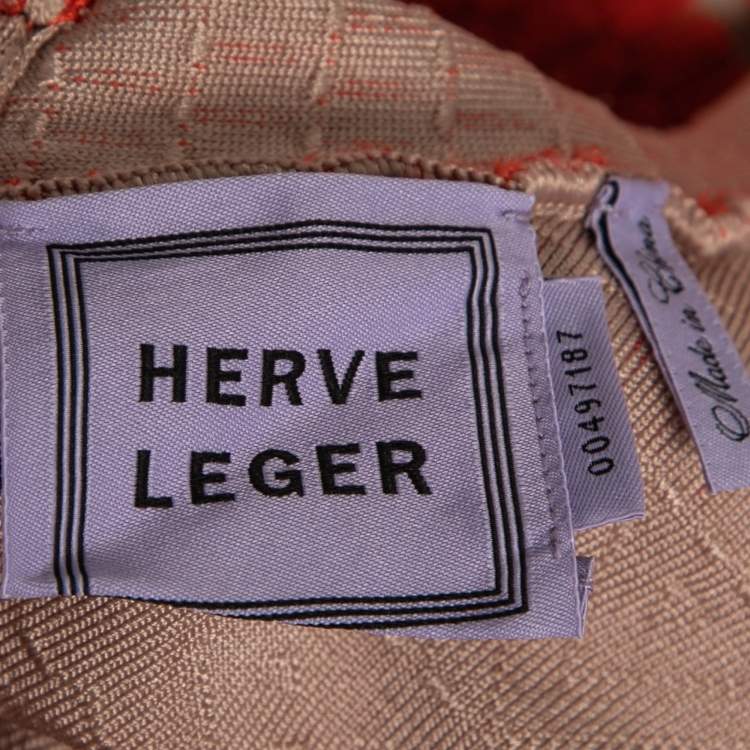 Pre Owned Herve Leger Orange Patterned Stretch Knit Filipa Maxi Dress S 