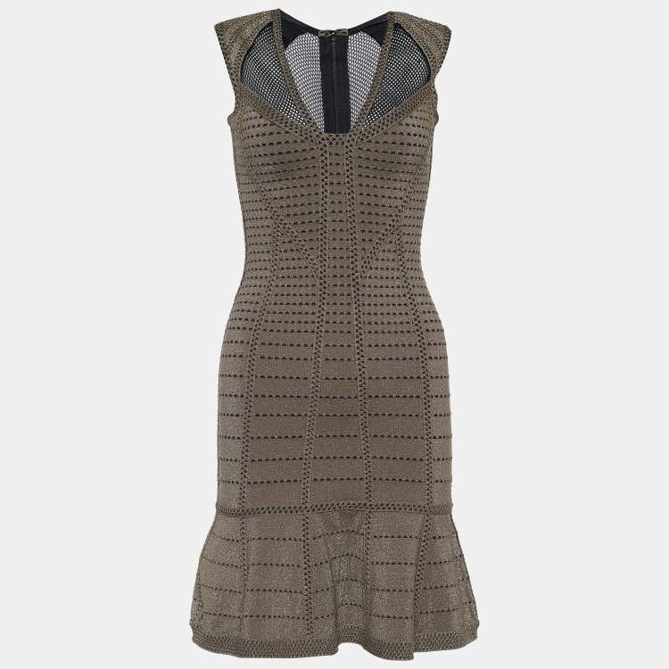 Pre Owned Herve Leger Gold Lurex Knit Natalija Bodycon Dress XS