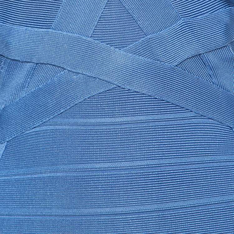 Pre Owned Herve Leger Blue Stretch Knit Bandage Dress XS
