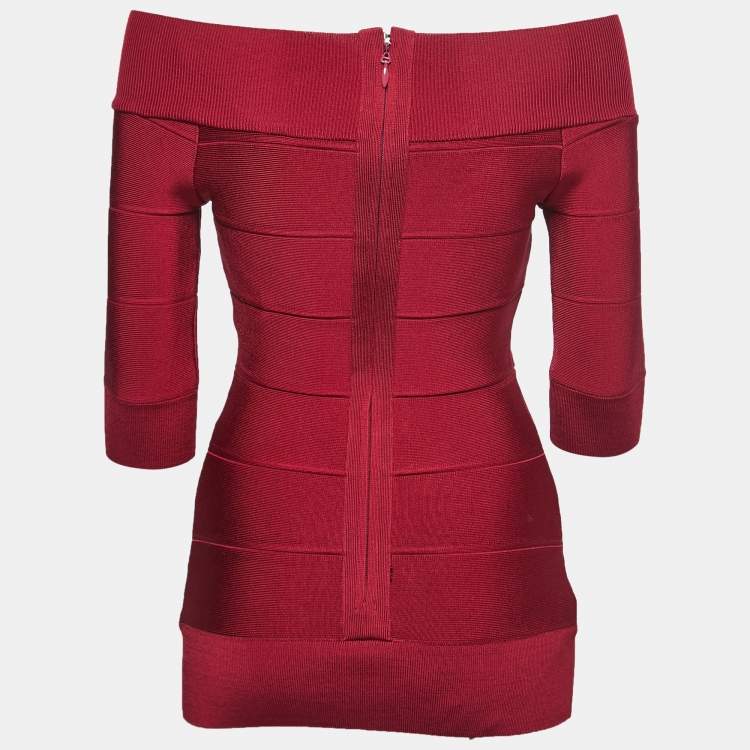 Pre Owned Herve Leger Burgundy Stretch Knit Bandage Top S
