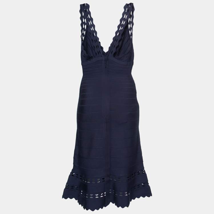 Pre Owned Herve Leger Dark Blue Bandage Knit Midi Dress L