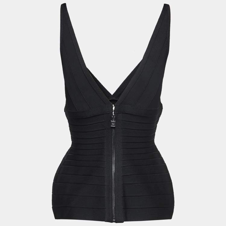 Pre Owned Herve Leger Black Knit V-Neck Sleeveless Top M