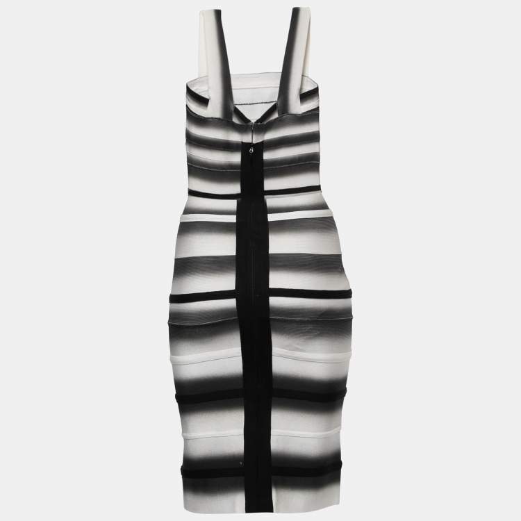 Pre Owned Herve Leger Black/White Bandage Knit Bodycon Dress S