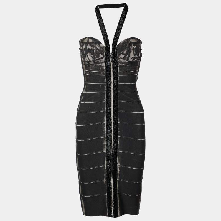 Pre Owned Herve Leger Black Beaded Halter Neck Mini Dress S