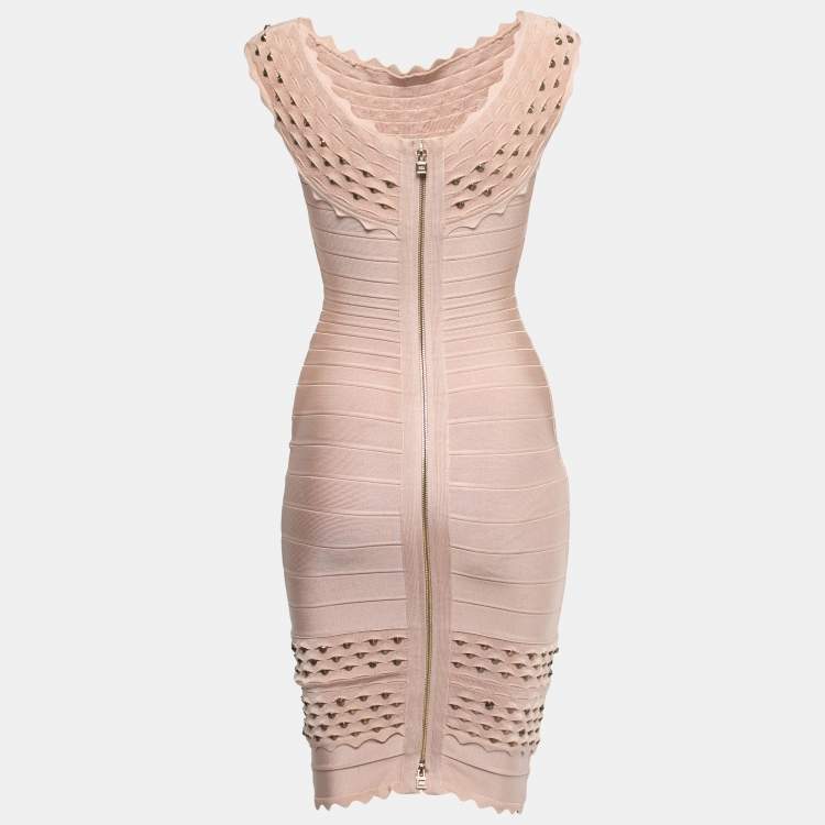 Pre Owned Herve Leger Light Pink Studded Scalloped Bandage Knit Dress S