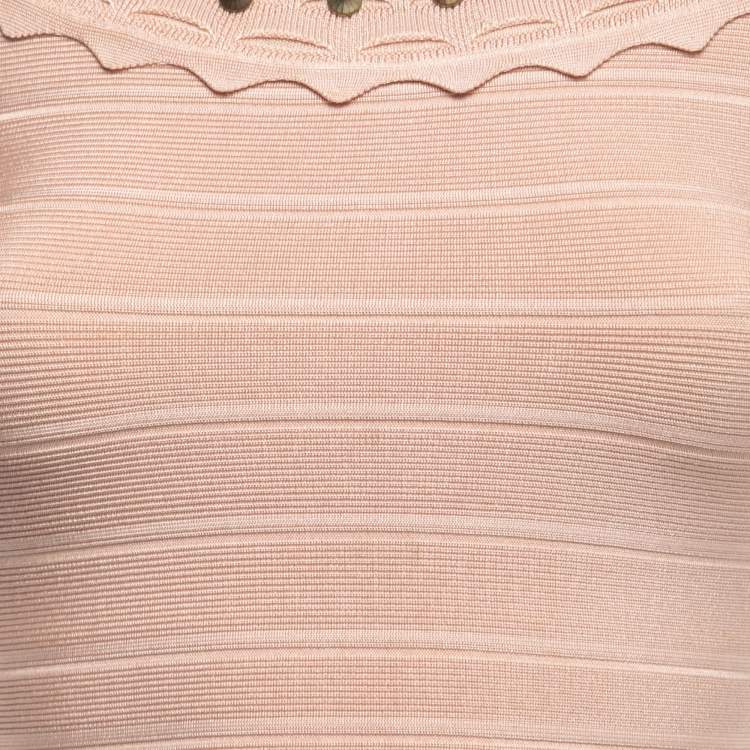 Pre Owned Herve Leger Light Pink Studded Scalloped Bandage Knit Dress S