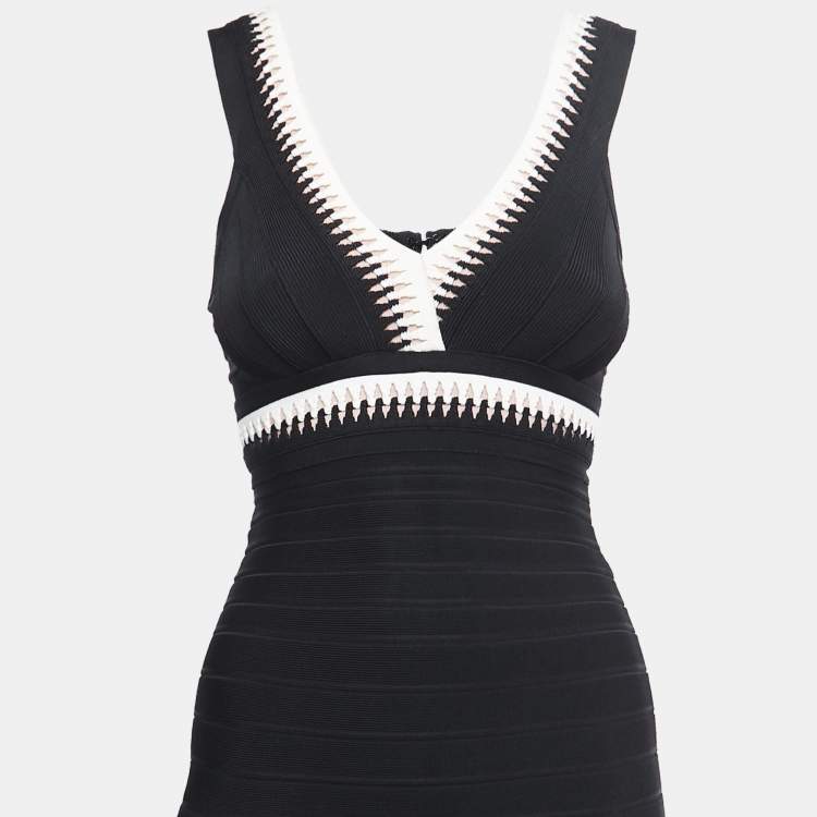 Pre Owned Herve Leger Black Knit Flared Sleeveless Bandage Dress XS