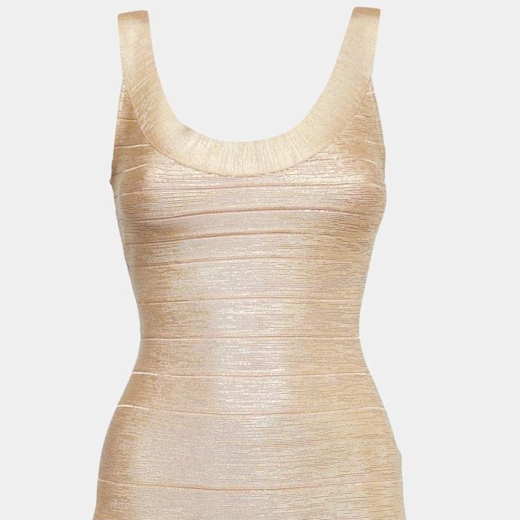 Pre Owned Herve Leger Gold Bandage Knit Scoop Neck Bodycon Mini Dress XS