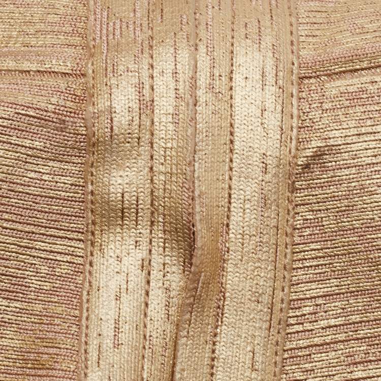 Pre Owned Herve Leger Gold Bandage Knit Scoop Neck Bodycon Mini Dress XS