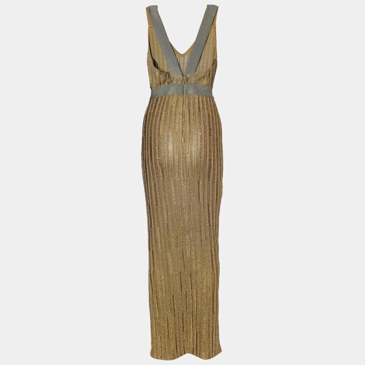 Pre Owned Herve Leger Gold Textured Lurex Knit Sleeveless Gown S