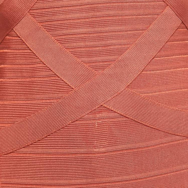 Pre Owned Herve Leger Orange Knit Bandage Short Dress XS