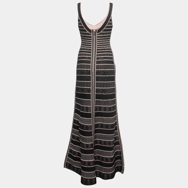 Pre Owned Herve Leger Black Patterned Knit Sleeveless Fit & Flare Gown L
