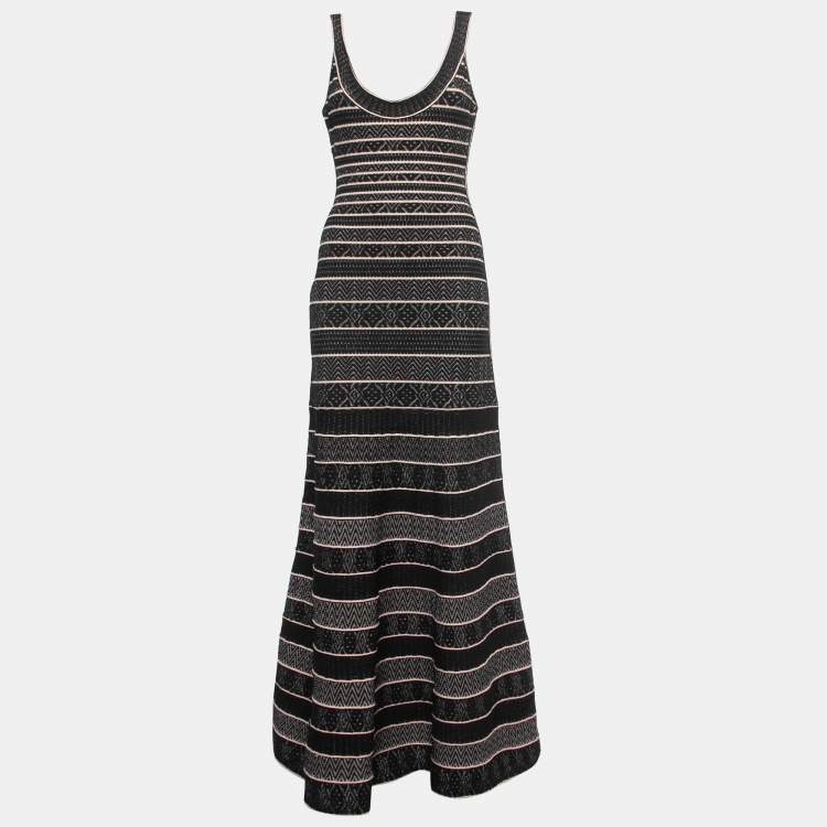 Pre Owned Herve Leger Black Patterned Knit Sleeveless Fit & Flare Gown L