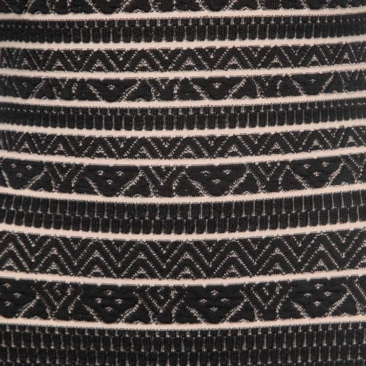 Pre Owned Herve Leger Black Patterned Knit Sleeveless Fit & Flare Gown L