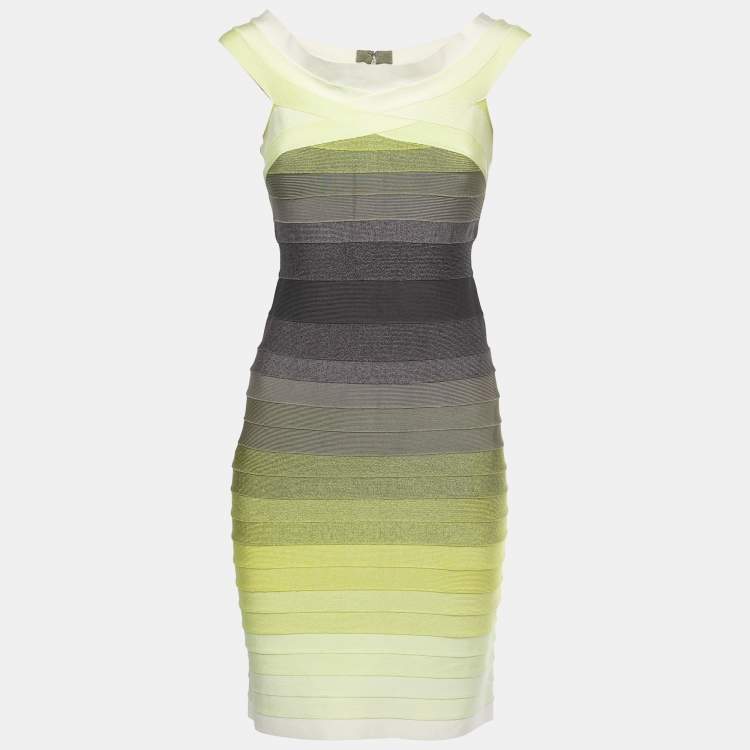 Pre Owned Herve Leger Green/Grey Knit Off-Shoulder Mini Dress M