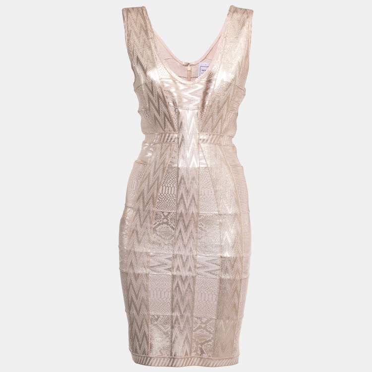 Pre Owned Herve Leger Pink/Gold Bandage Knit Bodycon Dress M
