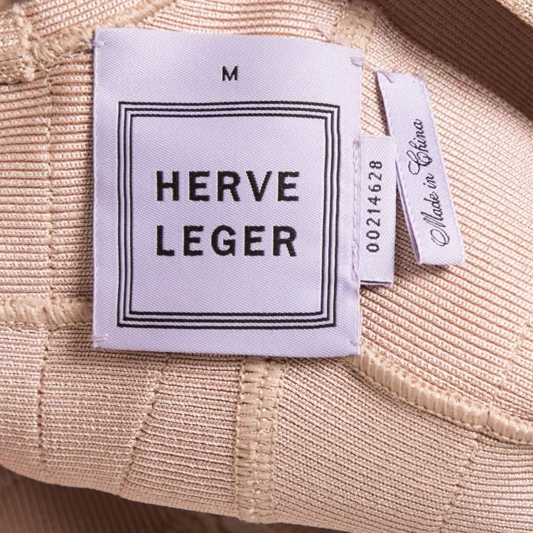 Pre Owned Herve Leger Pink/Gold Bandage Knit Bodycon Dress M