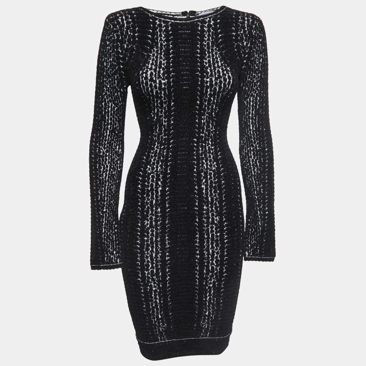 Pre Owned Herve Leger Black Velour Long Sleeve Sheath Dress XS