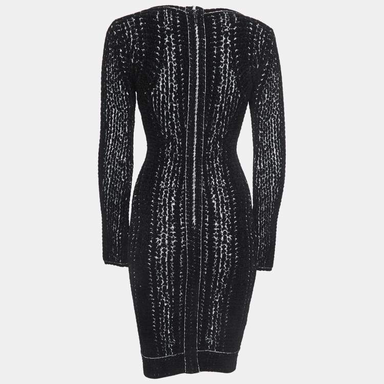 Pre Owned Herve Leger Black Velour Long Sleeve Sheath Dress XS