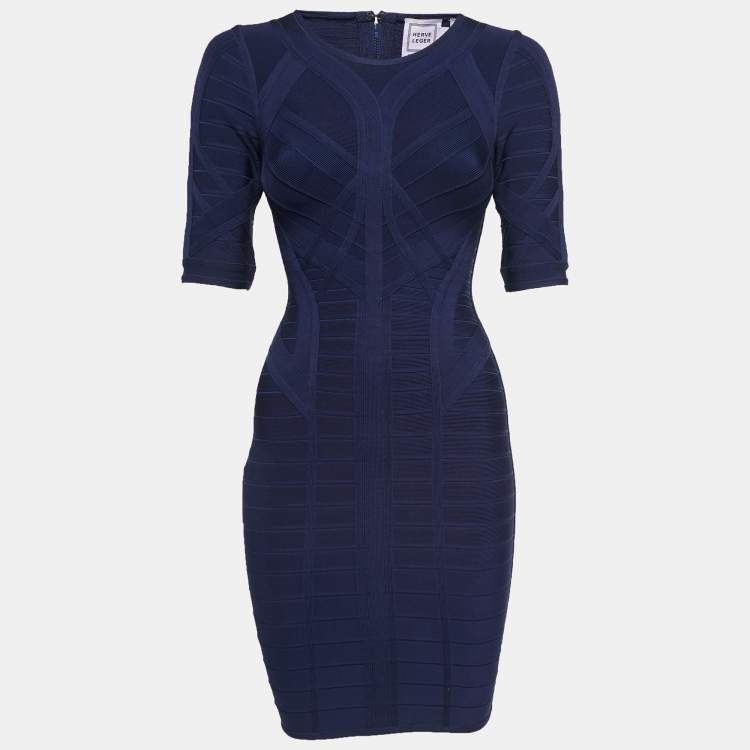 Pre Owned Herve Leger Navy Blue Knit Midi Dress XS