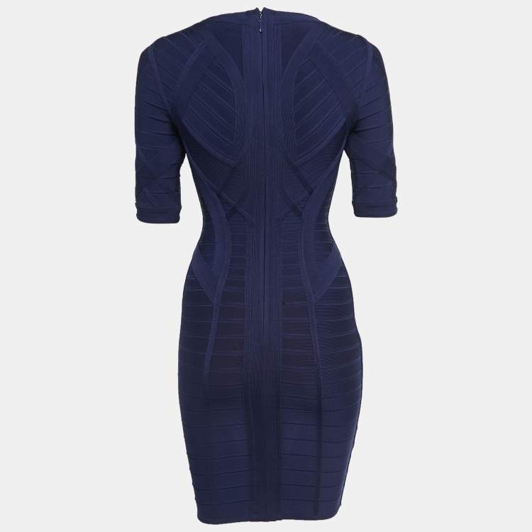 Pre Owned Herve Leger Navy Blue Knit Midi Dress XS