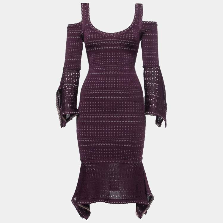Pre Owned Herve Leger Purple Perforated Knit Cold Shoulder Bodycon Dress XXS