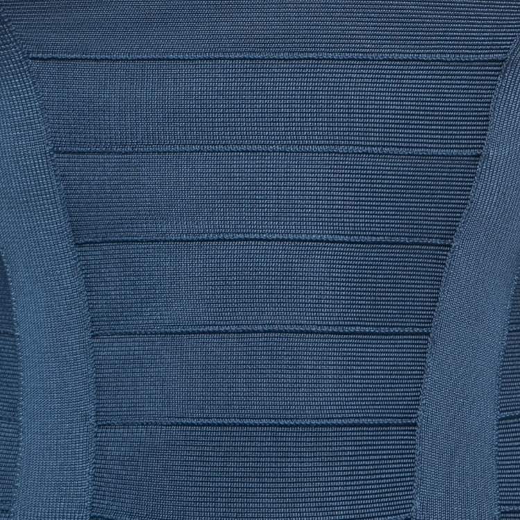 Pre Owned Herve Leger Blue Bandage Knit Cap Sleeve Bodycon Dress XS