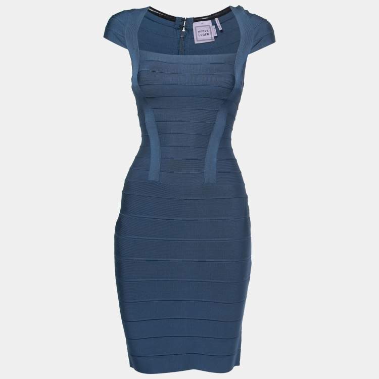 Pre Owned Herve Leger Blue Bandage Knit Cap Sleeve Bodycon Dress XS