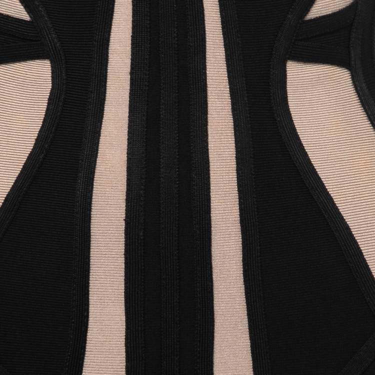 Pre Owned Herve Leger Beige/Black Knit Strapless Bodycon Dress S