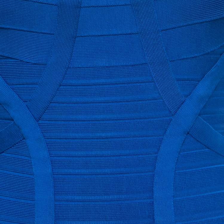 Pre Owned Herve Leger Blue Bandage Knit Cap Sleeve Bodycon Dress S