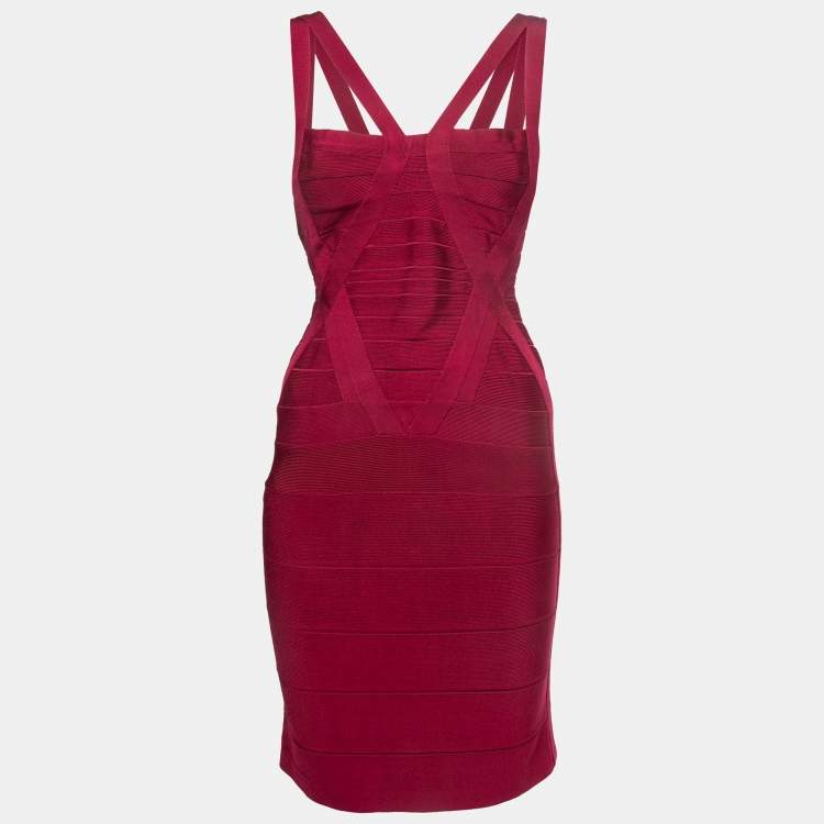 Pre Owned Herve Leger Burgundy Bandage Knit Bodycon Dress S
