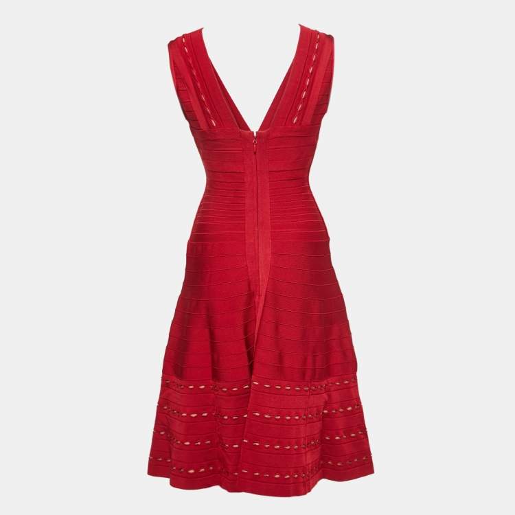 Pre Owned Herve Leger Red Bandage Knit Flared Mini Dress M