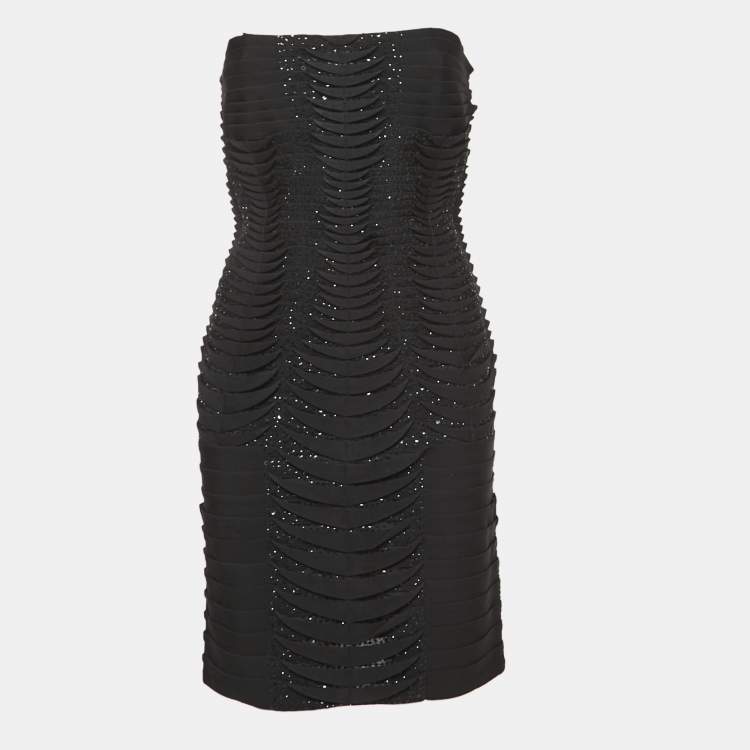 Pre Owned Herve Leger Black Sequined Knit Strapless Mini Dress L