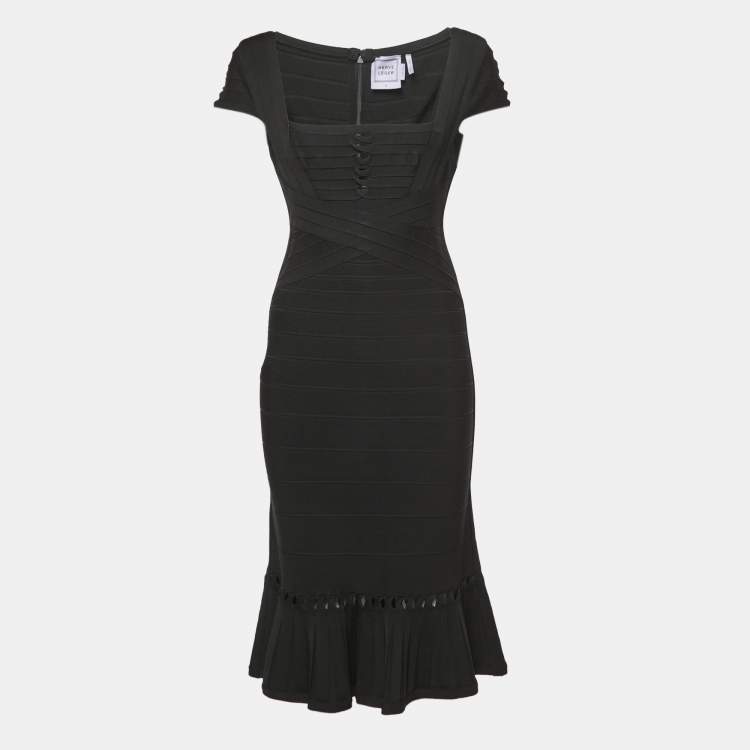 Pre Owned Herve Leger Black Bandage Knit Cap-Sleeve Bodycon Dress M