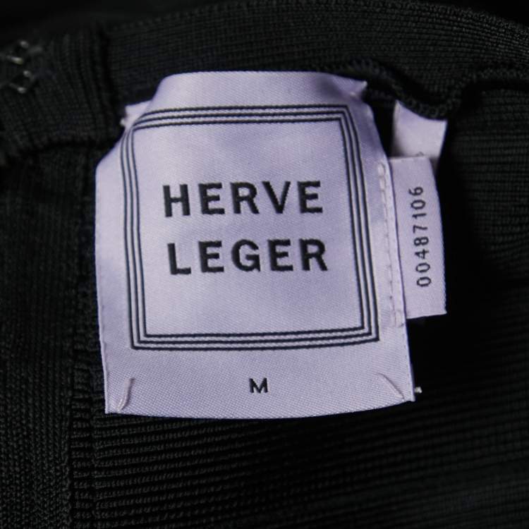 Pre Owned Herve Leger Black Bandage Knit Cap-Sleeve Bodycon Dress M