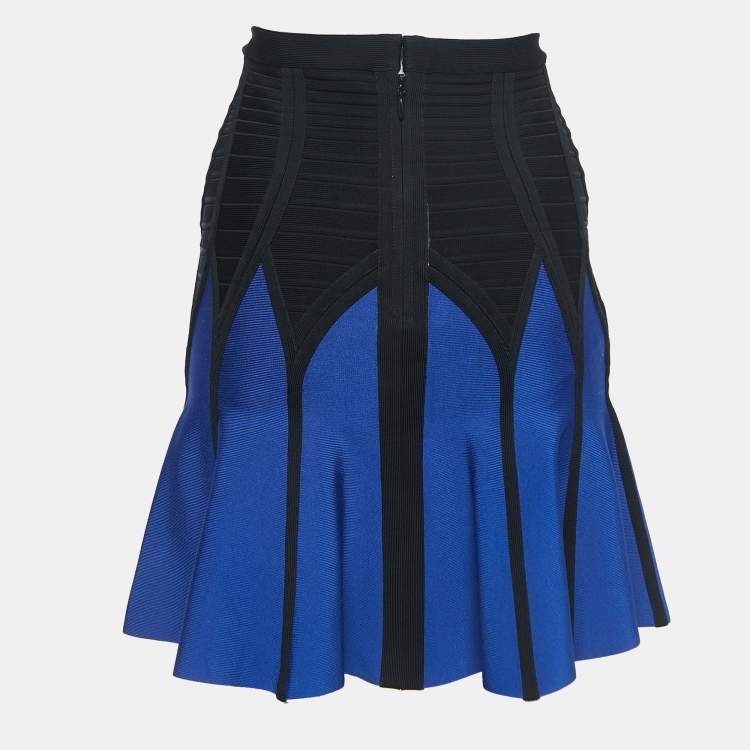 Pre Owned Herve Leger Black/Blue Knit Flared Mini Skirt S