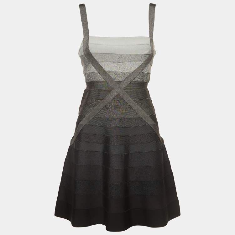Pre Owned Herve Leger Grey Knit Strappy Flared Mini Dress M