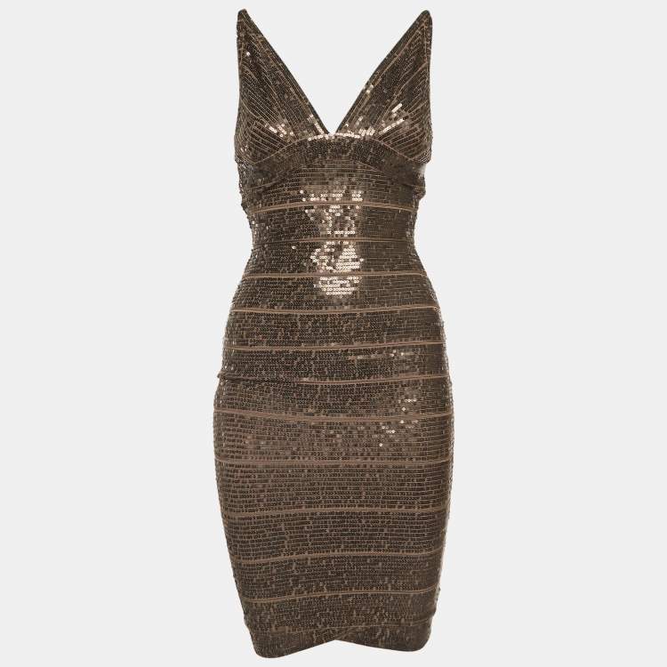 Pre Owned Herve Leger Brown Sequin Sleeveless Bodycon Dress S
