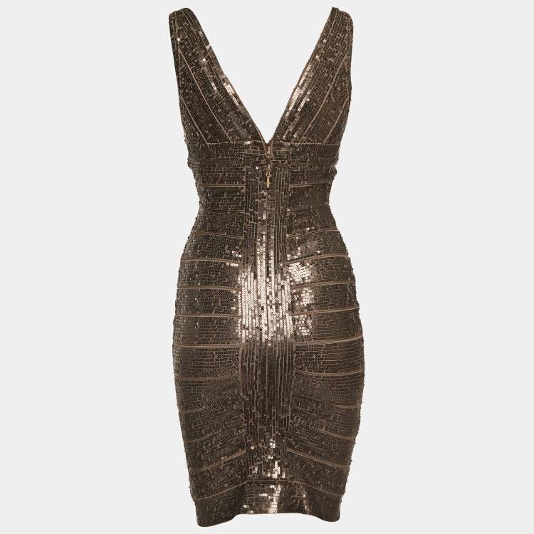 Pre Owned Herve Leger Brown Sequin Sleeveless Bodycon Dress S