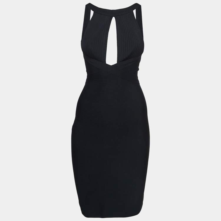 Pre Owned Herve Leger Black Stretch Knit Halter Neck Bodycon Mini Dress S  