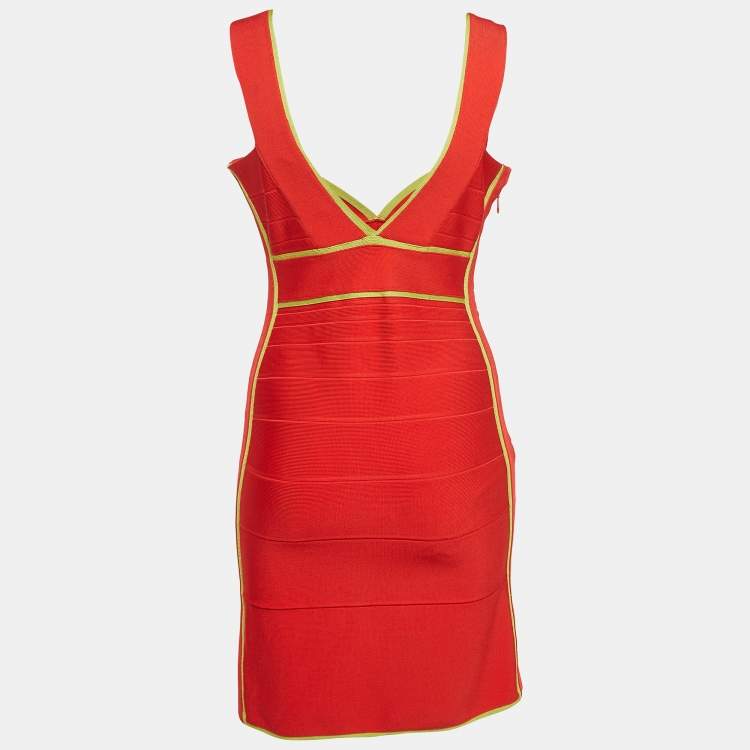 مملوكة مسبقًا Herve Leger Red Knit Contrast Detail Sleeveless Mini Bandage Dress M