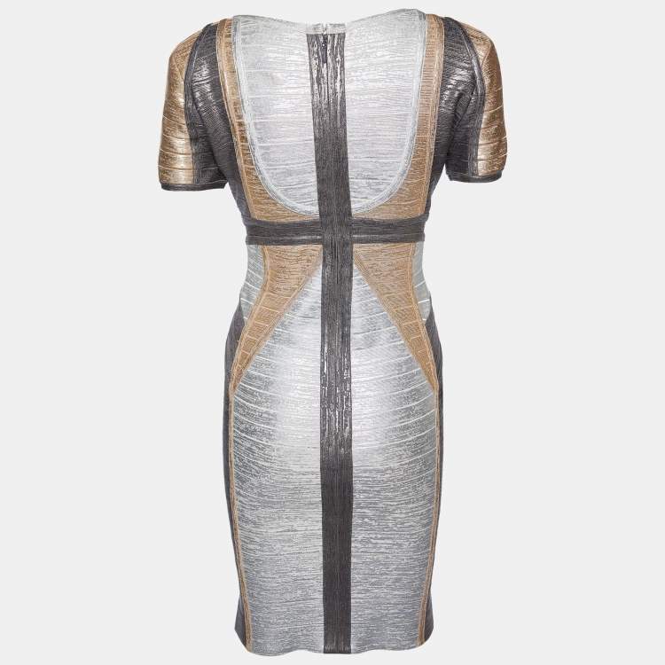 Pre Owned Herve Leger Metallic Foil Print Knit Carolyn Bandage Dress M
