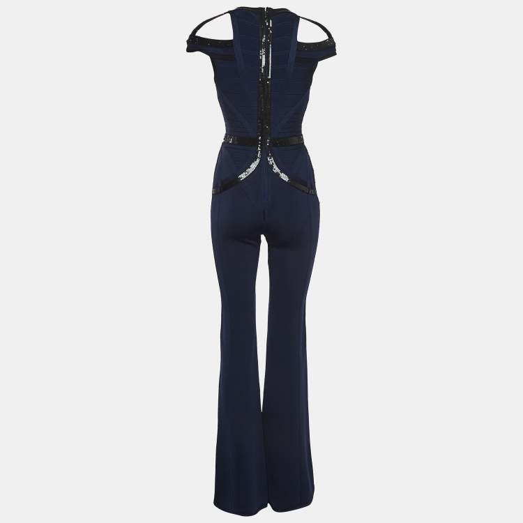 Pre Owned Herve Leger Navy Blue Sequin Embellished Jumpsuit S