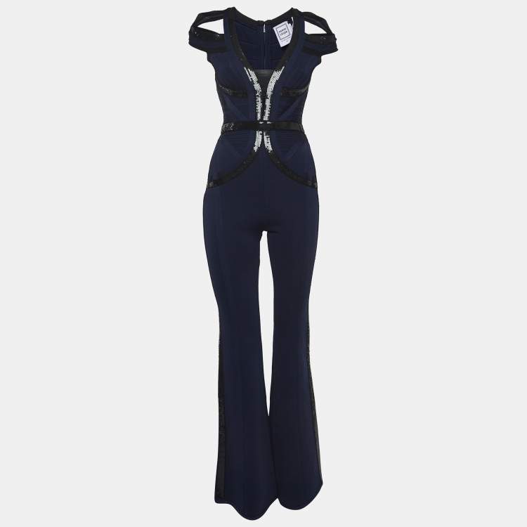Pre Owned Herve Leger Navy Blue Sequin Embellished Jumpsuit S