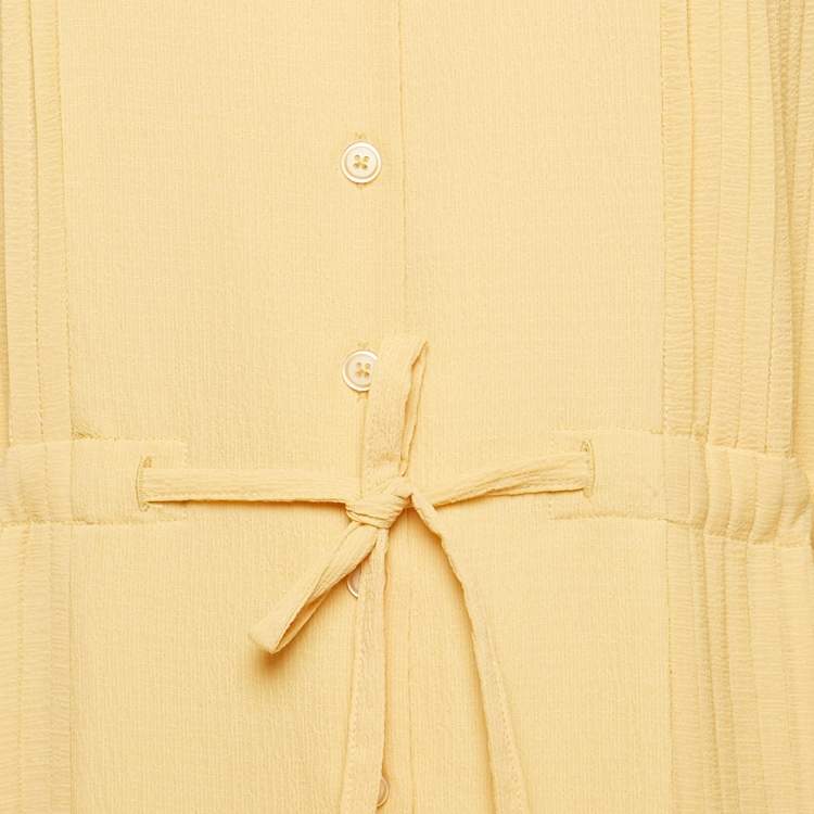 Pre Owned Hozweiler Tyranusaurus Light Yellow Crepe Pleated Button Front Maxi Dress S