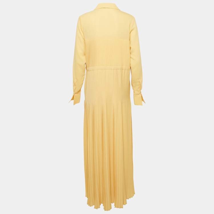 Pre Owned Hozweiler Tyranusaurus Light Yellow Crepe Pleated Button Front Maxi Dress S